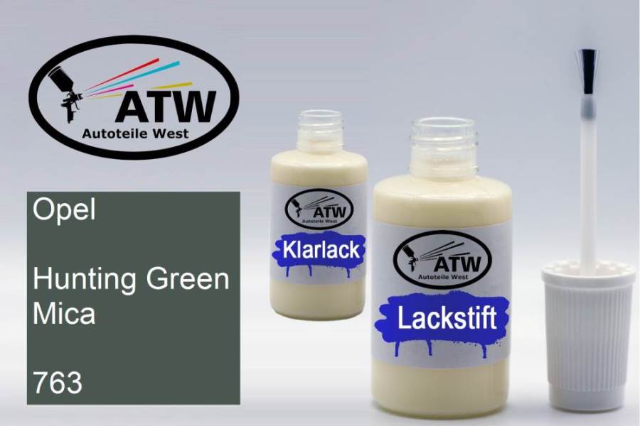 Opel, Hunting Green Mica, 763: 20ml Lackstift + 20ml Klarlack - Set, von ATW Autoteile West.